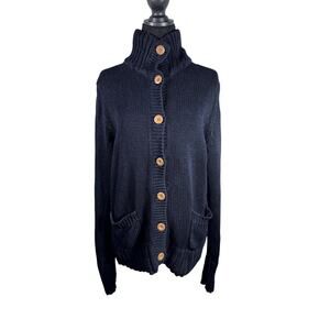 Eddie Bauer Womens Large Navy Ramie Cotton Chunky Knit Shawl Cardigan Pockets